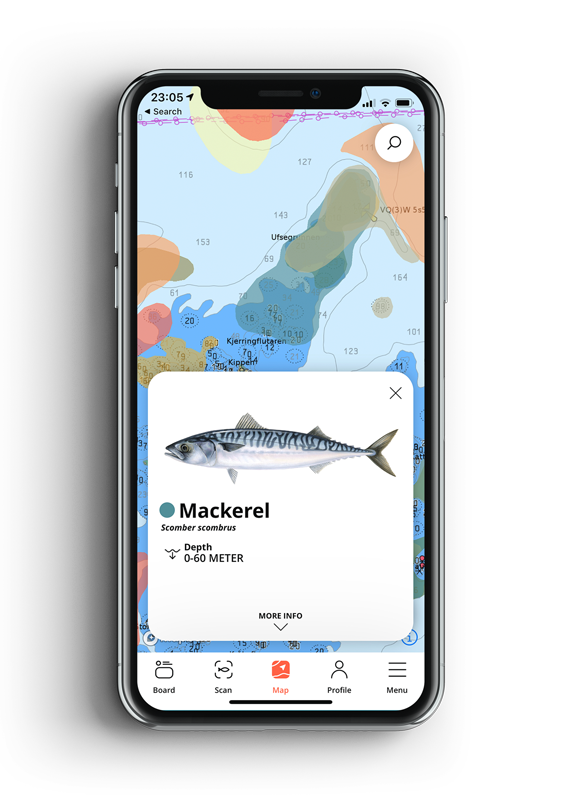 FiskHer-appen med kart over fiskefelt og artsinformasjon