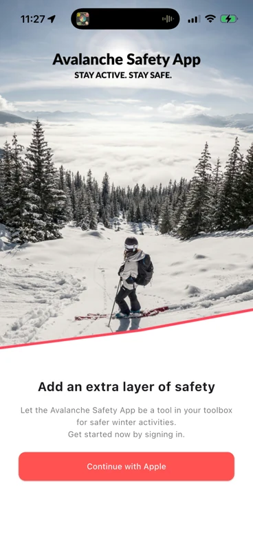 Velkomstskjermen i Avalanche Safety App.