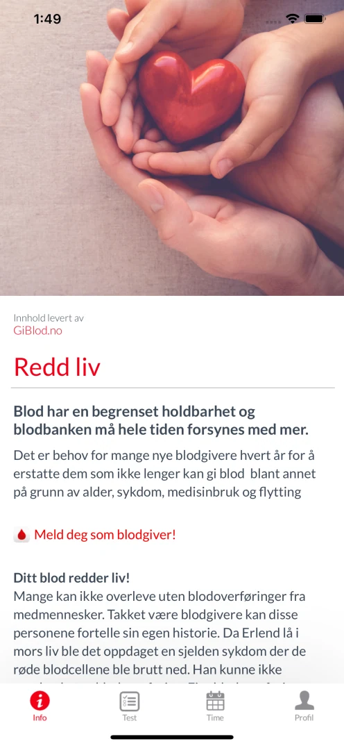 Blodgiver med informasjon fra GiBlod.no, blodgivertest og timeoversikt.